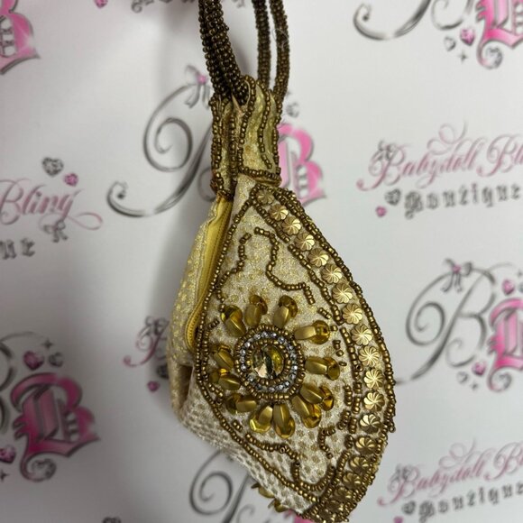 Bag Folded Handmade India-Gold Sequin Beads/Rhinestones/Wristlet/Purse/Bag round - Picture 6 of 12